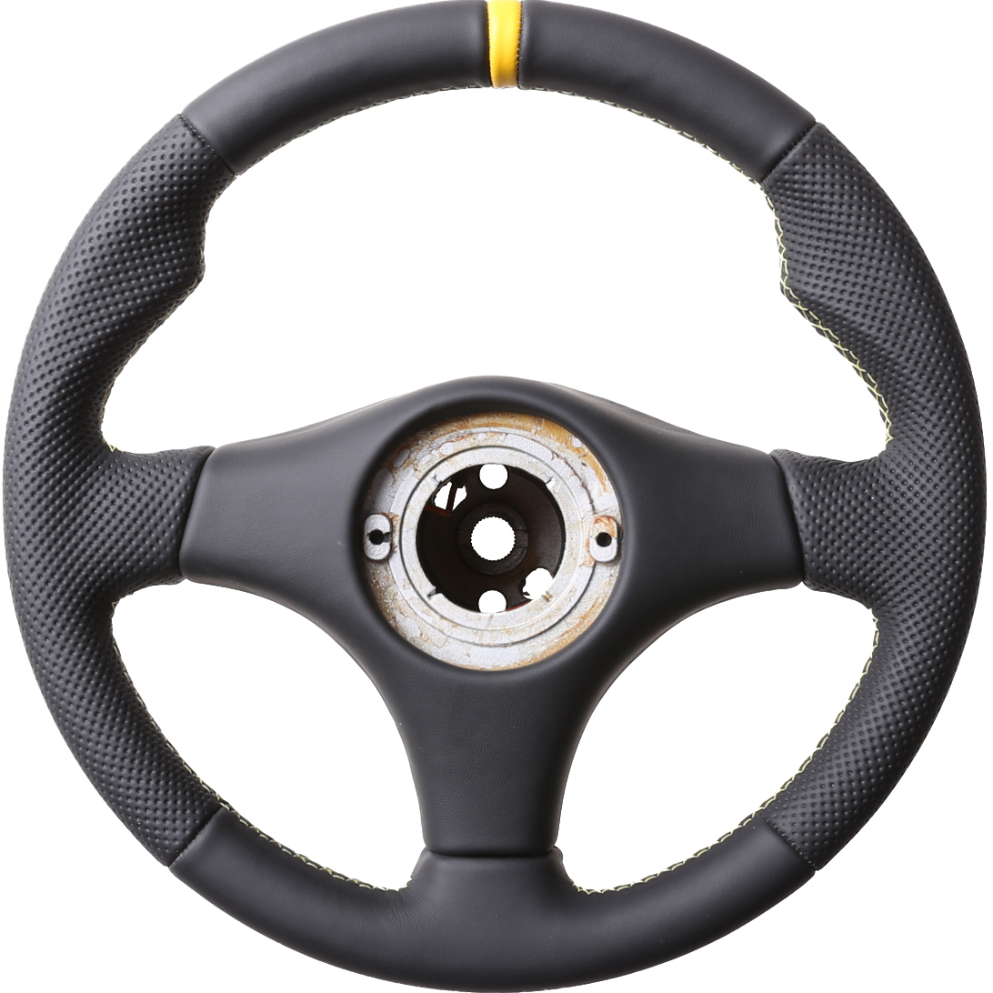 Momo Lenkrad Daumenauflagen Kombibezug 12 Uhr Markierung gelb Naht gelb