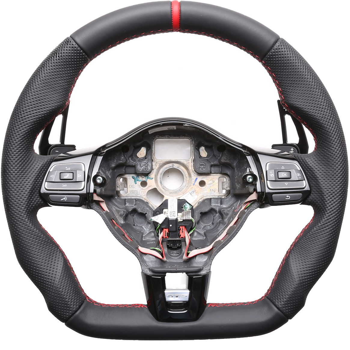 VW Lenkrad Golf 6 Caddy Tiguan Touran Sharan Abgeflacht Kombibezug 12 Uhr Markierung rot Naht rot