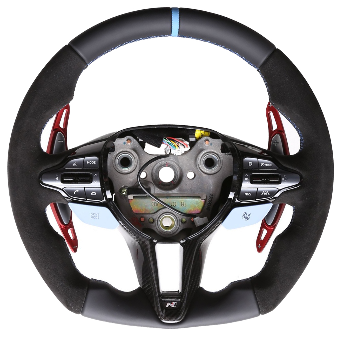 Hyundai Lenkrad i30N Abgeflacht NEU Kombibezug Alcantara 12 Uhr Markierung hellblau Naht hellblau